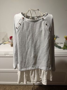 LOFT Gray & White Striped Button-Shoulder Pullover with Layered Hem